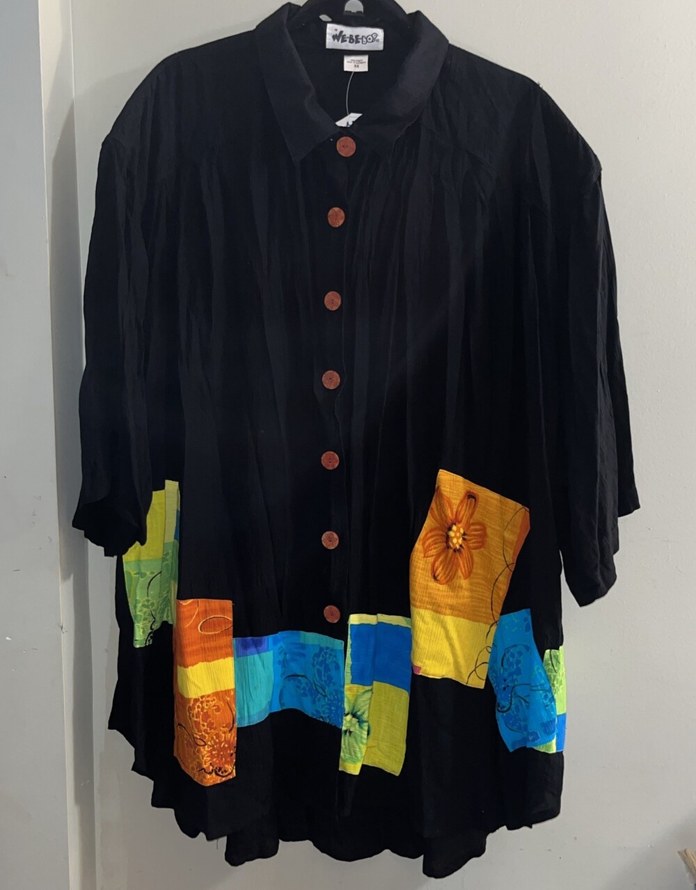 We Be Bop 3X Black Patchwork Tunic Top Artsy Boho Lagenlook Art To Wear